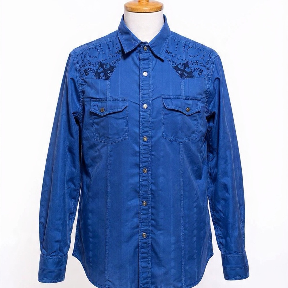 Guess Men's Royal Blue Western Shirt with Embroidered Yoke Size M